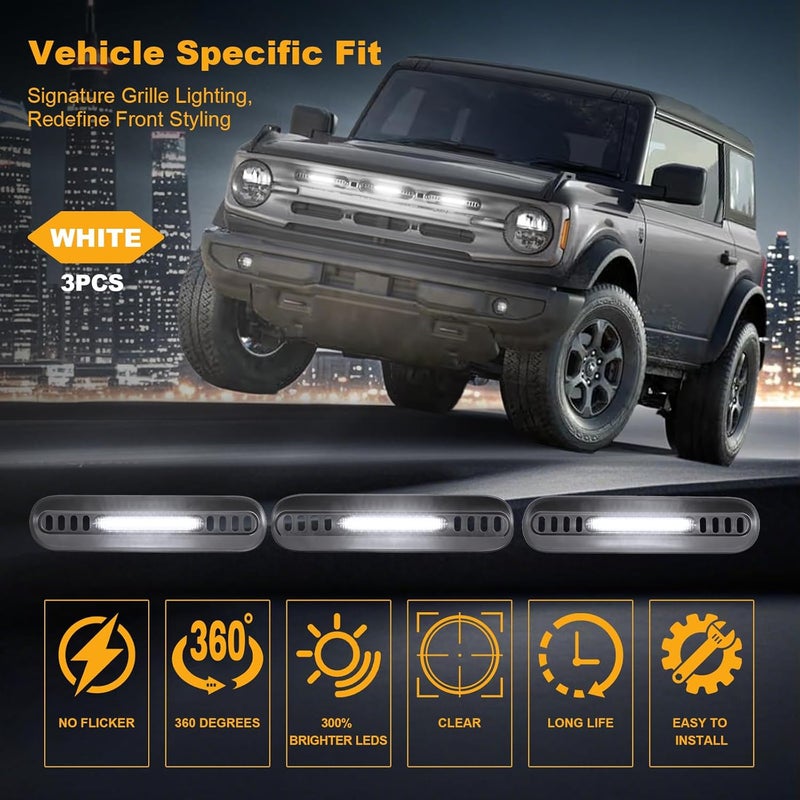 CFDSDE LED Grille Lights for Ford Bronco 2024 2021 2022 2023 Front Grill Inserts Light Snap-on Lamps Fits for Big Bend Outer Bank Accessories 2-4 Door (White Lights, 3PCS) - Image 4